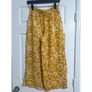 Anthropologie Mustard Yellow Floral Smocked Wide Leg Pants Small Bohemian Flowy